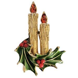 ART Arthur Pepper Gold Tone Rhinestone Enamel Christmas Holly Candle Brooch Pin